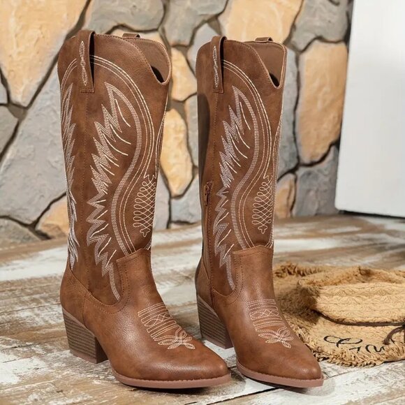 Knee-High Western Cowboy Boots (Color: Light Brown) - Picture 2 of 3
